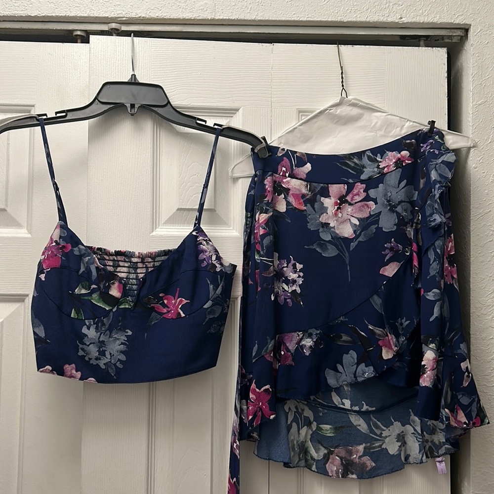Blue Life floral top and low high wrap skirt (side wrap)